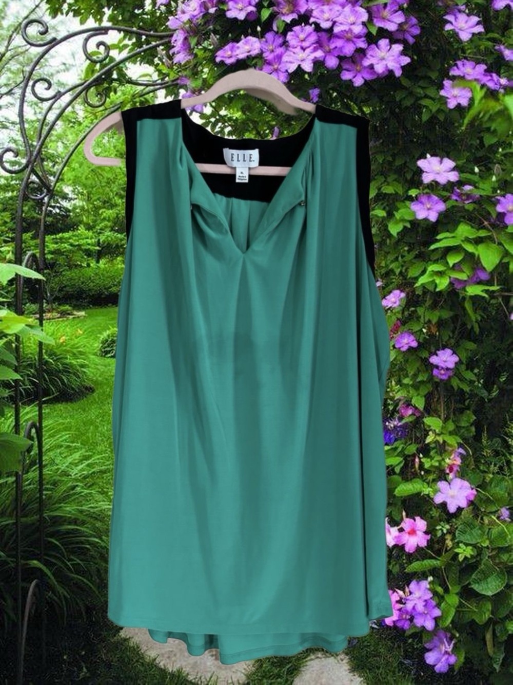 Elle Teal Sleeveless Blouse with Black Trim